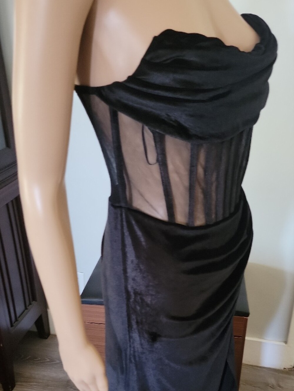 Luxxel Strapless Black Velvet Mesh Corset Gown - Picture 4 of 5